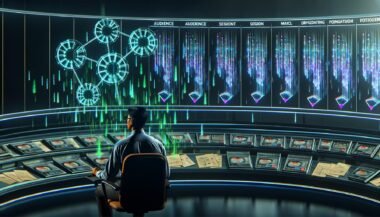 Ein Marketer im futuristischen Datenkontrollraum mit holografischen Dashboards, Zielgruppendiagrammen und leuchtenden Netzwerklinien, während alte Tools verblassen und moderne KI-Modelle dominieren.