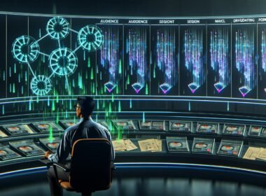 Ein Marketer im futuristischen Datenkontrollraum mit holografischen Dashboards, Zielgruppendiagrammen und leuchtenden Netzwerklinien, während alte Tools verblassen und moderne KI-Modelle dominieren.