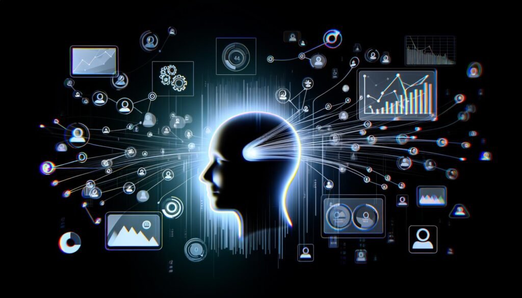 Abstrakte, futuristische Darstellung einer Audience Analyse Messung mit Kopfprofil, leuchtendem Datenstrom, digitalen Dashboards und Tech-Icons in einem dunklen, minimalistischen Stil