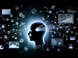 Abstrakte, futuristische Darstellung einer Audience Analyse Messung mit Kopfprofil, leuchtendem Datenstrom, digitalen Dashboards und Tech-Icons in einem dunklen, minimalistischen Stil