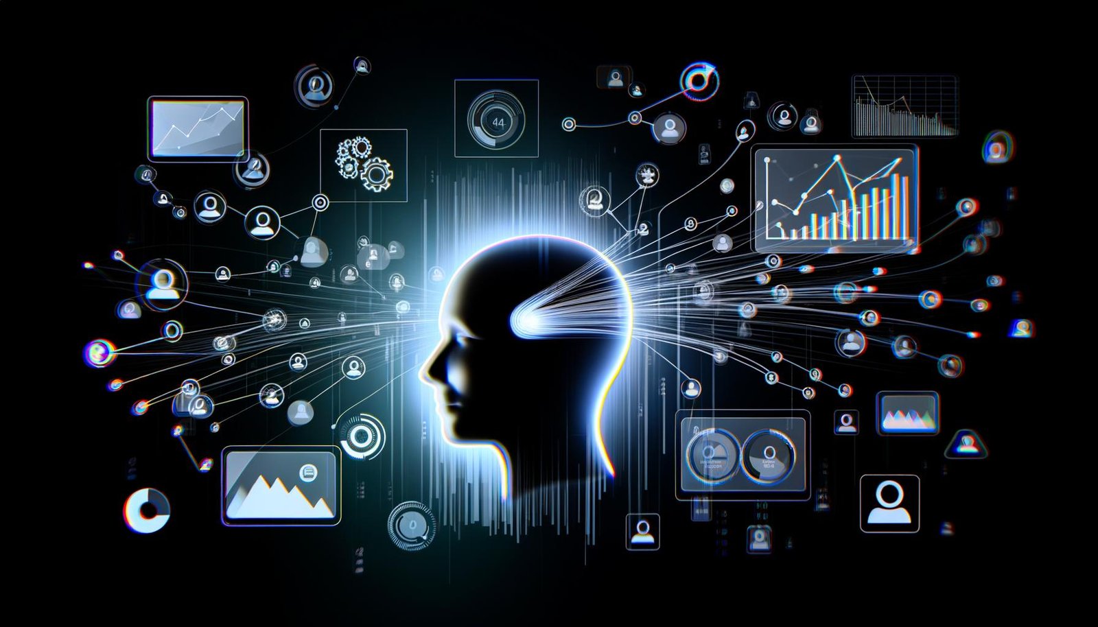 Abstrakte, futuristische Darstellung einer Audience Analyse Messung mit Kopfprofil, leuchtendem Datenstrom, digitalen Dashboards und Tech-Icons in einem dunklen, minimalistischen Stil