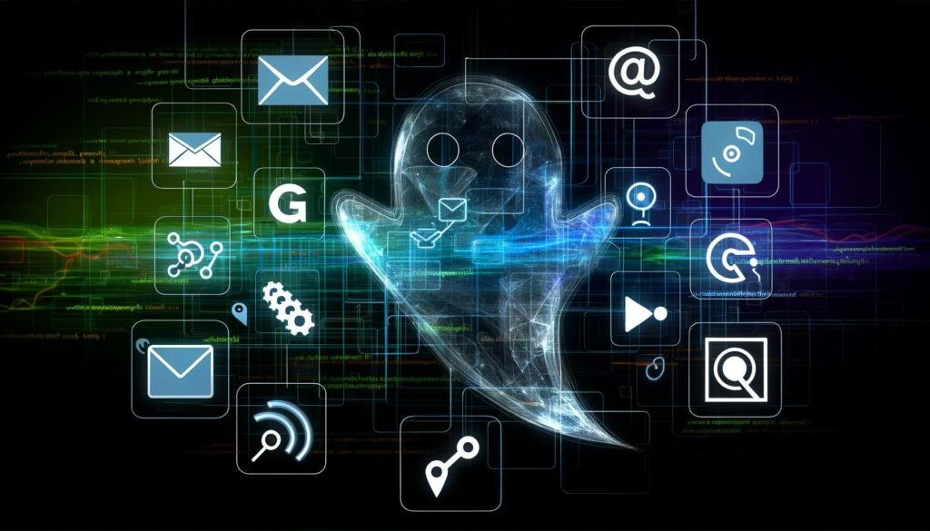 Modernes Titelbild mit abstrahiertem Ghost-Logo, digitalen Kanälen, Datenströmen und API-Icons auf dunklem Technologie-Hintergrund in Cyan und Neongrün.