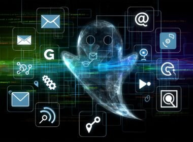 Modernes Titelbild mit abstrahiertem Ghost-Logo, digitalen Kanälen, Datenströmen und API-Icons auf dunklem Technologie-Hintergrund in Cyan und Neongrün.