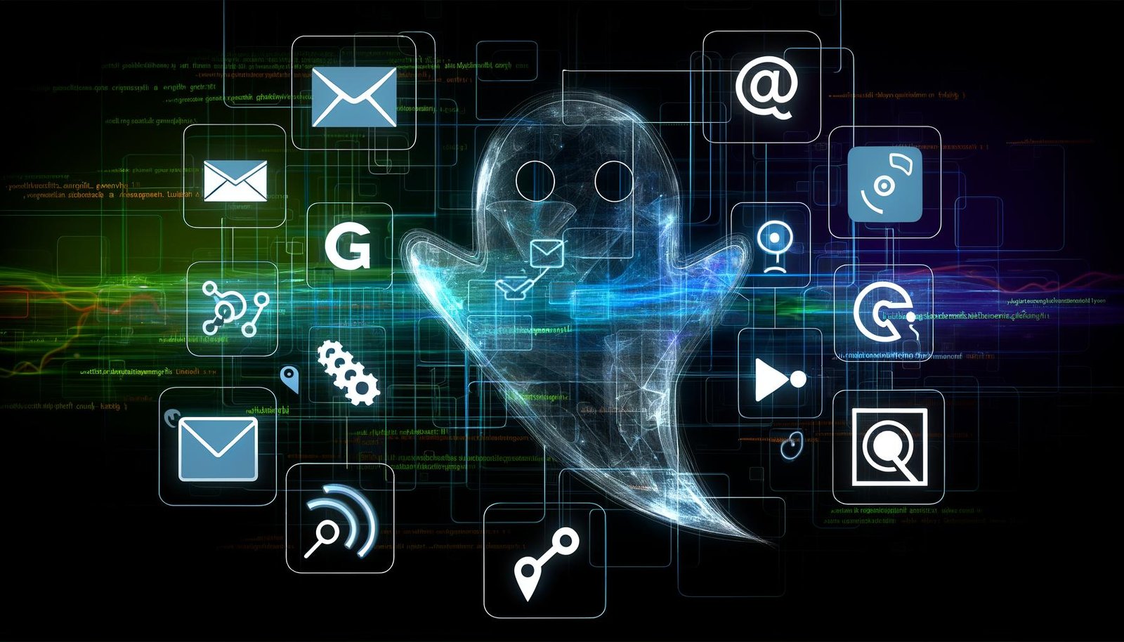 Modernes Titelbild mit abstrahiertem Ghost-Logo, digitalen Kanälen, Datenströmen und API-Icons auf dunklem Technologie-Hintergrund in Cyan und Neongrün.