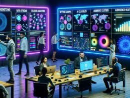 Marketingprofis arbeiten in einem futuristischen Büro an Data-Dashboards, Netzwerkdiagrammen und KI-Visualisierungen, umgeben von Neonlichtern und modernen Technologien.