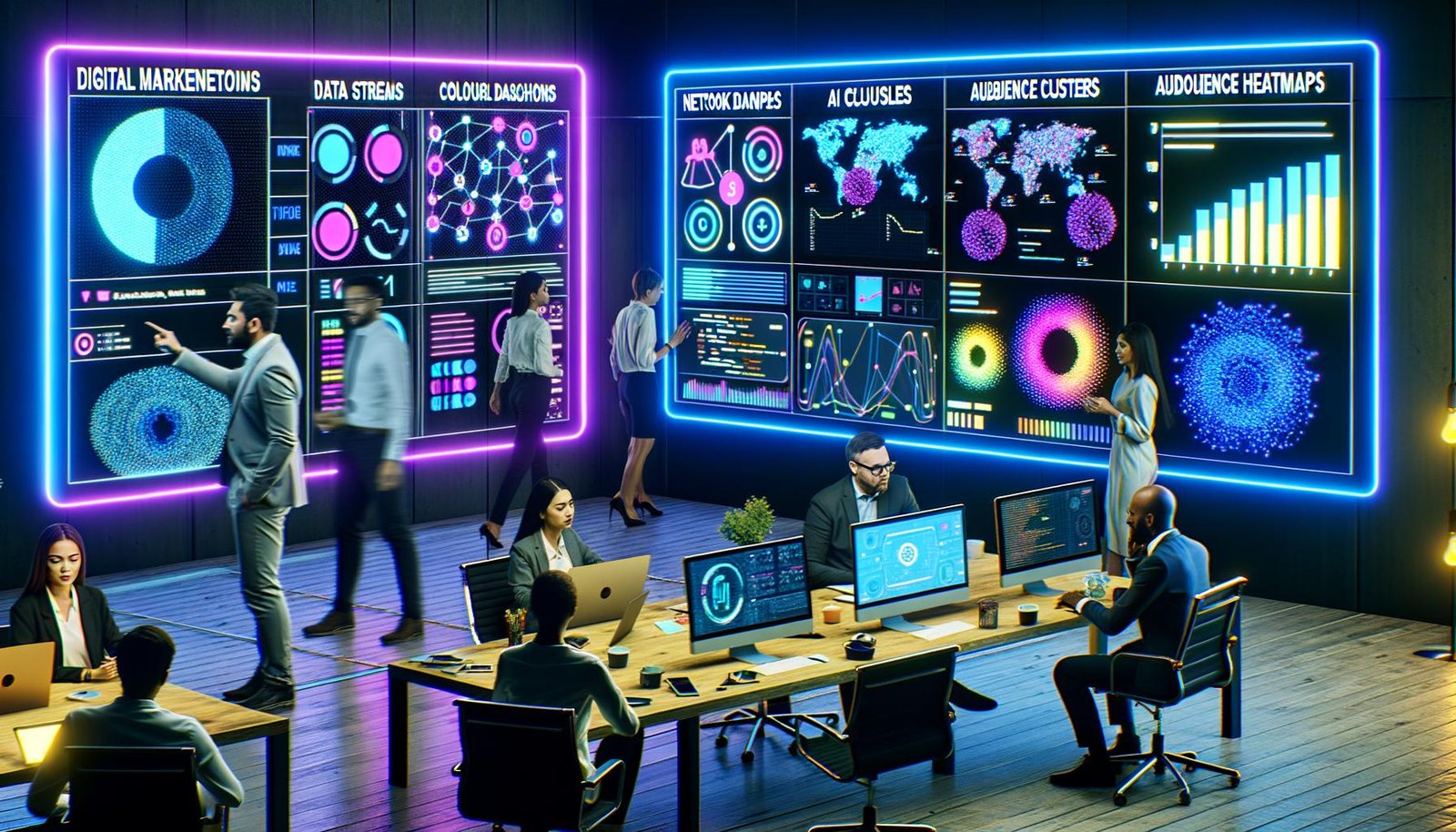 Marketingprofis arbeiten in einem futuristischen Büro an Data-Dashboards, Netzwerkdiagrammen und KI-Visualisierungen, umgeben von Neonlichtern und modernen Technologien.