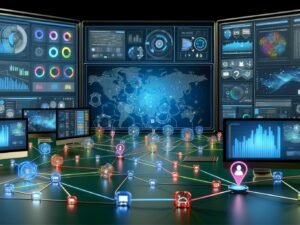 Futuristische Kontrollzentrale für Marketing mit holografischem Dashboard, vernetzten Geräten und KI-Visualisierungen samt Datenschutzsymbolen.