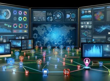 Futuristische Kontrollzentrale für Marketing mit holografischem Dashboard, vernetzten Geräten und KI-Visualisierungen samt Datenschutzsymbolen.