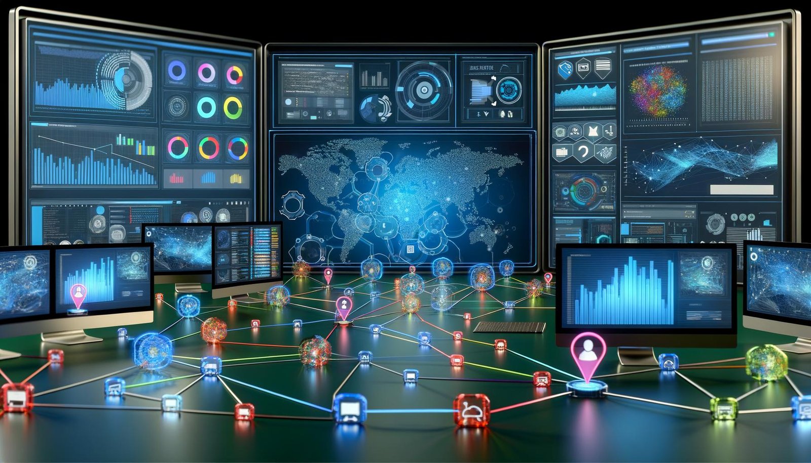 Futuristische Kontrollzentrale für Marketing mit holografischem Dashboard, vernetzten Geräten und KI-Visualisierungen samt Datenschutzsymbolen.