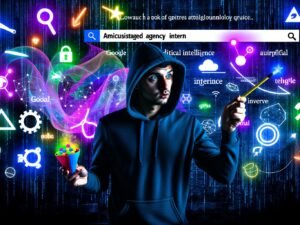 Magazin-Cover mit ironisch inszeniertem Agenturpraktikanten im Hoodie, der mit Zauberstab bunte Keywords und Tech-Icons über Google-Suchergebnisse streut, vor einem digitalen, abstrakt-dunklen Hintergrund mit Neon-Akzenten.