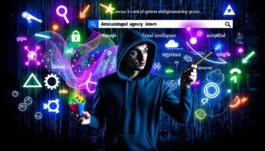 Magazin-Cover mit ironisch inszeniertem Agenturpraktikanten im Hoodie, der mit Zauberstab bunte Keywords und Tech-Icons über Google-Suchergebnisse streut, vor einem digitalen, abstrakt-dunklen Hintergrund mit Neon-Akzenten.