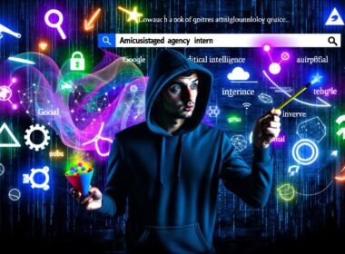 Magazin-Cover mit ironisch inszeniertem Agenturpraktikanten im Hoodie, der mit Zauberstab bunte Keywords und Tech-Icons über Google-Suchergebnisse streut, vor einem digitalen, abstrakt-dunklen Hintergrund mit Neon-Akzenten.