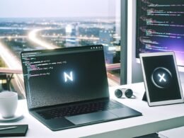 Offener Laptop mit Next.js-Logo und Tablet mit Ghost-Oberfläche auf modernem Schreibtisch, Kaffetasse, Kopfhörer, Notizzettel und Stadtblick im Hintergrund, Headless-Architektur visualisiert durch API-Requests und JSON-Daten.