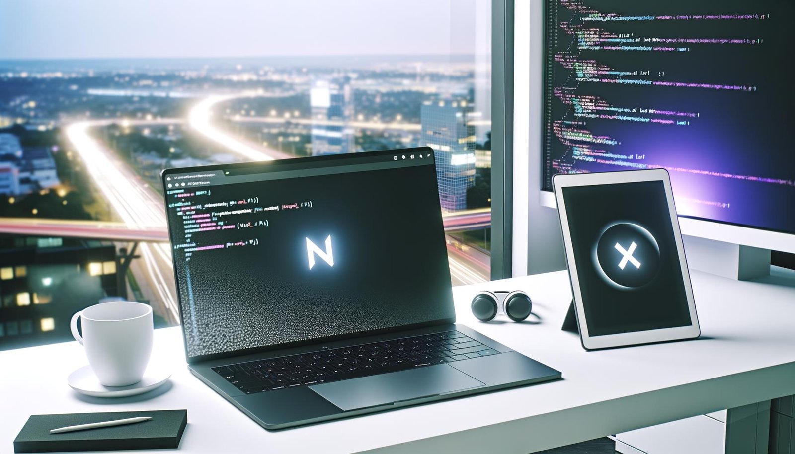 Offener Laptop mit Next.js-Logo und Tablet mit Ghost-Oberfläche auf modernem Schreibtisch, Kaffetasse, Kopfhörer, Notizzettel und Stadtblick im Hintergrund, Headless-Architektur visualisiert durch API-Requests und JSON-Daten.