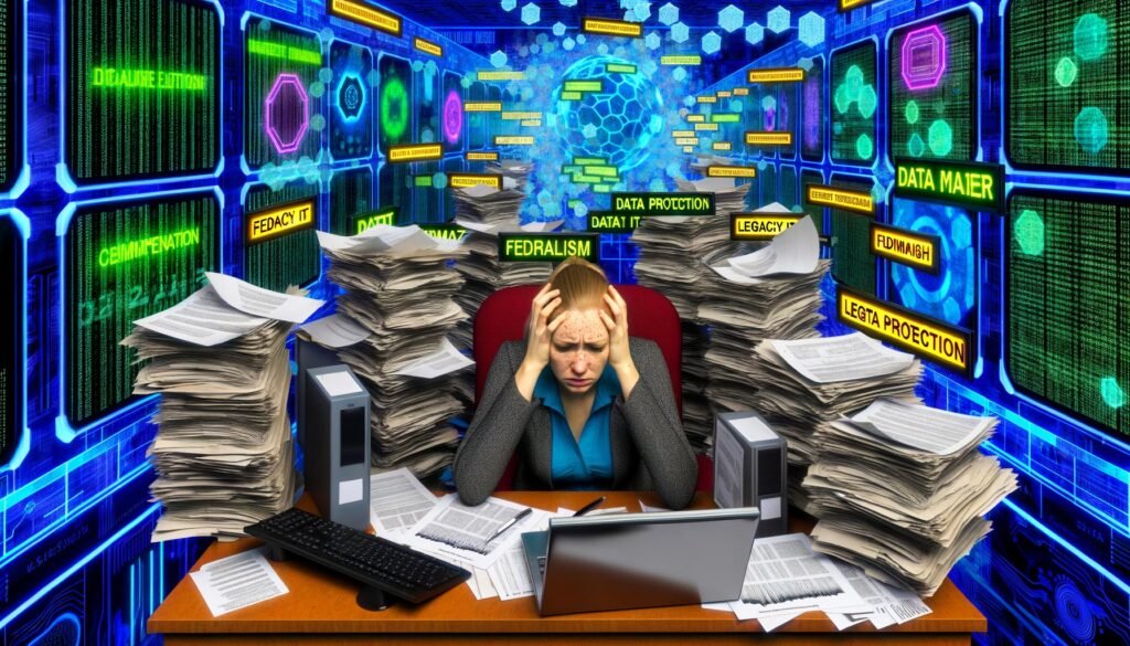 Verwaltungsmitarbeiterin vor chaotischem Schreibtisch mit Monitoren, alten IT-Systemen, Datenmodellen und Papierakten, digitale Mauern im Hintergrund mit Datenschutz-, Föderalismus- und Legacy-IT-Aufschrift.