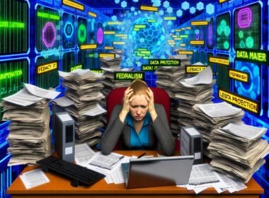 Verwaltungsmitarbeiterin vor chaotischem Schreibtisch mit Monitoren, alten IT-Systemen, Datenmodellen und Papierakten, digitale Mauern im Hintergrund mit Datenschutz-, Föderalismus- und Legacy-IT-Aufschrift.