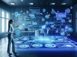 Futuristischer Arbeitsplatz mit digitalem Marketer, der eine leuchtende holografische SEO-Bauplan-Visualisierung überwacht, umgeben von digitalen Charts, Blueprints und Keywordsymbolen.