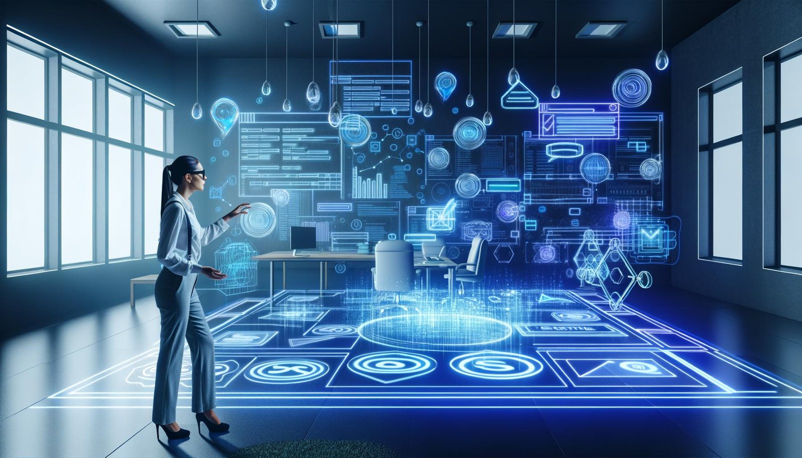 Futuristischer Arbeitsplatz mit digitalem Marketer, der eine leuchtende holografische SEO-Bauplan-Visualisierung überwacht, umgeben von digitalen Charts, Blueprints und Keywordsymbolen.