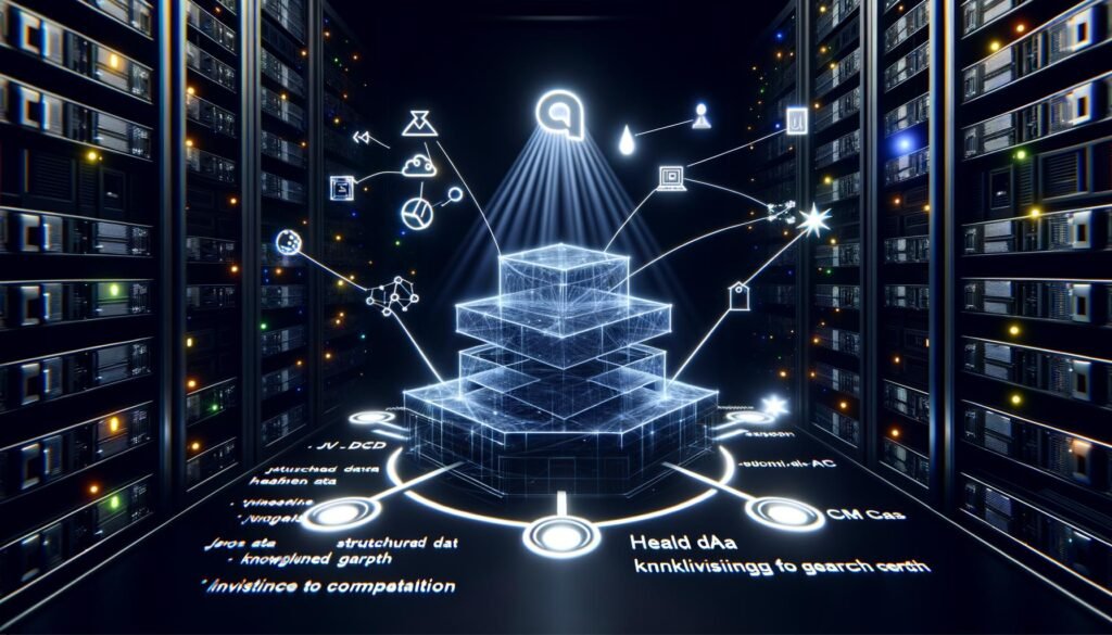 Hochtechnologischer digitaler Serverraum mit schwebender, halbtransparenter Website-Architektur, leuchtenden Schnittstellen, strukturierten Daten, Knowledge Graph-Knoten und sichtbarem Google-Suchsymbol im Zentrum.