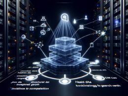 Hochtechnologischer digitaler Serverraum mit schwebender, halbtransparenter Website-Architektur, leuchtenden Schnittstellen, strukturierten Daten, Knowledge Graph-Knoten und sichtbarem Google-Suchsymbol im Zentrum.