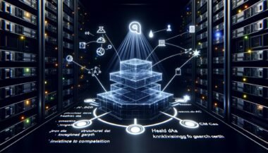 Hochtechnologischer digitaler Serverraum mit schwebender, halbtransparenter Website-Architektur, leuchtenden Schnittstellen, strukturierten Daten, Knowledge Graph-Knoten und sichtbarem Google-Suchsymbol im Zentrum.