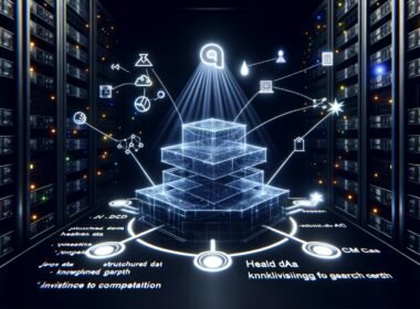 Hochtechnologischer digitaler Serverraum mit schwebender, halbtransparenter Website-Architektur, leuchtenden Schnittstellen, strukturierten Daten, Knowledge Graph-Knoten und sichtbarem Google-Suchsymbol im Zentrum.