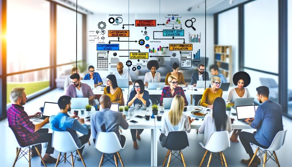 SEO-Experten arbeiten gemeinsam an Laptops an großen Schreibtischen, Umgebung voller Analysen, Berichte und Diagramme in einem modernen Büro.