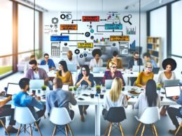 SEO-Experten arbeiten gemeinsam an Laptops an großen Schreibtischen, Umgebung voller Analysen, Berichte und Diagramme in einem modernen Büro.