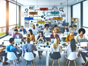 SEO-Experten arbeiten gemeinsam an Laptops an großen Schreibtischen, Umgebung voller Analysen, Berichte und Diagramme in einem modernen Büro.