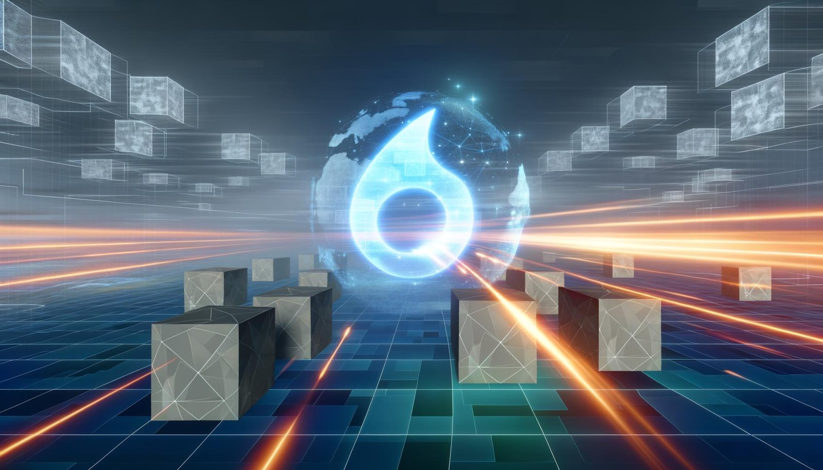 Futuristische Titelgrafik mit leuchtendem Ghost-Logo als digitale Schaltzentrale, umgeben von HTML-Bauklötzen, die per Lichtstrahl über ein weltweites CDN verteilt werden. Graue WordPress-Logos verschwinden im Hintergrund.