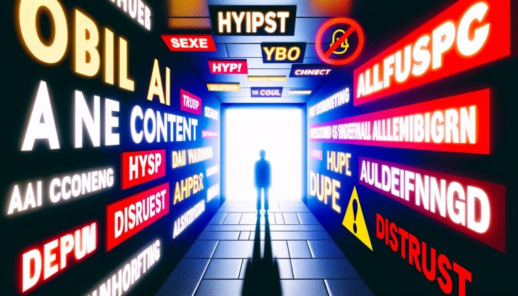 Titelbild zeigt eine Collage mit digitalen Buchstaben, auffälligen KI- und Marketing-Keywords, roten Warnsignalen, einer zweifelnden Silhouette sowie Icons von Google, ChatGPT, Bing und klassischen Suchmaschinen vor futuristischer Stadt