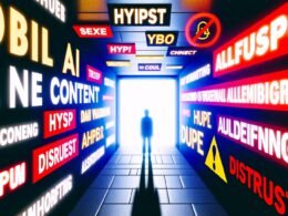 Titelbild zeigt eine Collage mit digitalen Buchstaben, auffälligen KI- und Marketing-Keywords, roten Warnsignalen, einer zweifelnden Silhouette sowie Icons von Google, ChatGPT, Bing und klassischen Suchmaschinen vor futuristischer Stadt