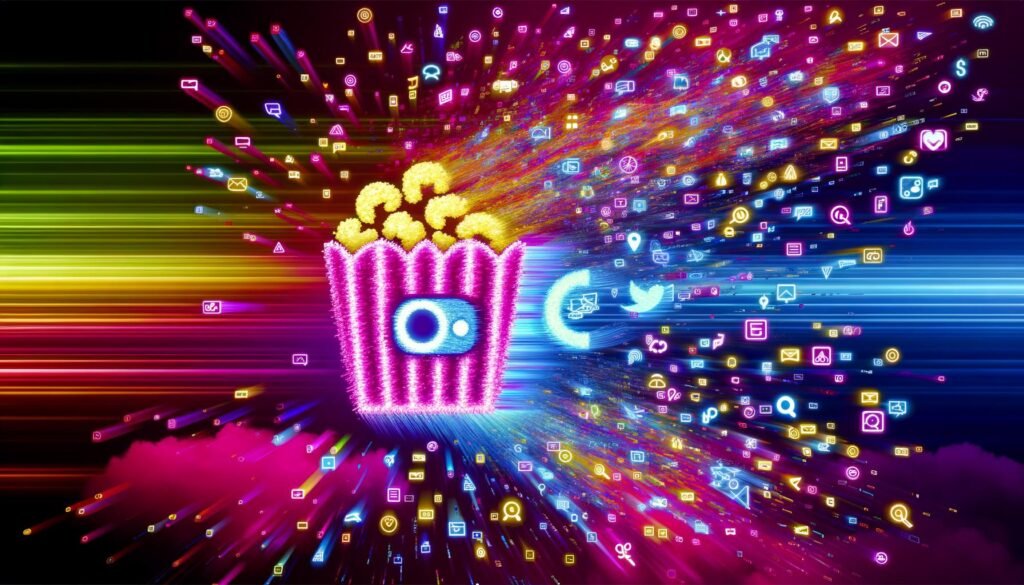 Modernes, dynamisches Titelbild mit digitalem Content-Snack zwischen Popcorn und Smartphone, umgeben von Textfetzen, Emojis, Animationen und Social-Media-Symbolen vor buntem Farbverlauf.