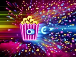 Modernes, dynamisches Titelbild mit digitalem Content-Snack zwischen Popcorn und Smartphone, umgeben von Textfetzen, Emojis, Animationen und Social-Media-Symbolen vor buntem Farbverlauf.