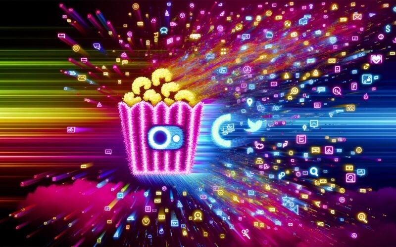 Modernes, dynamisches Titelbild mit digitalem Content-Snack zwischen Popcorn und Smartphone, umgeben von Textfetzen, Emojis, Animationen und Social-Media-Symbolen vor buntem Farbverlauf.