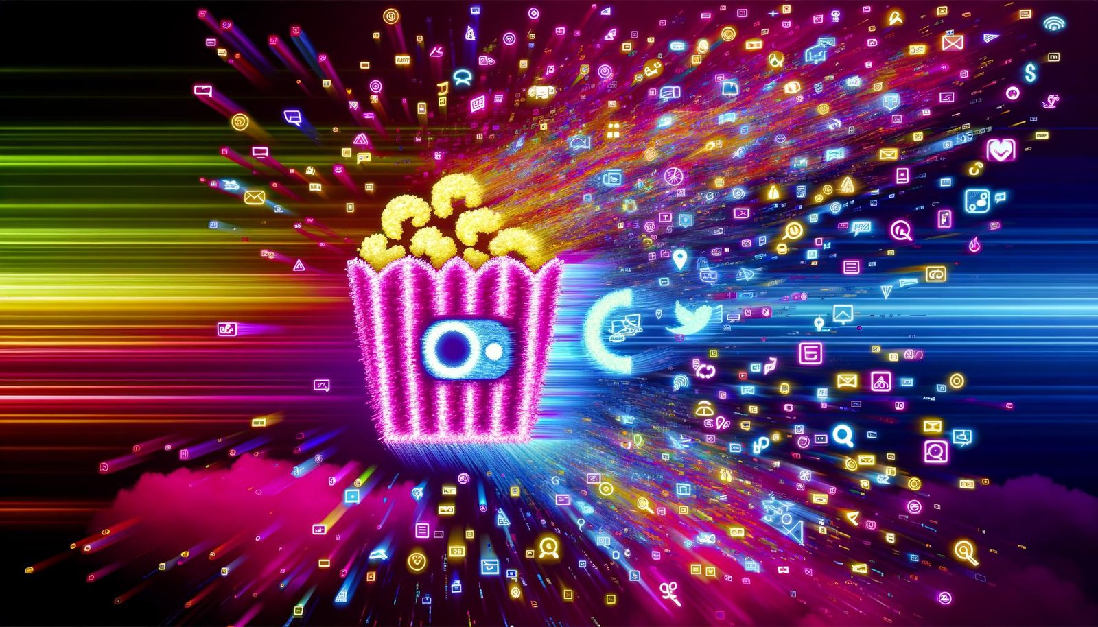 Modernes, dynamisches Titelbild mit digitalem Content-Snack zwischen Popcorn und Smartphone, umgeben von Textfetzen, Emojis, Animationen und Social-Media-Symbolen vor buntem Farbverlauf.