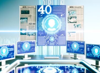 Futuristischer Schreibtisch mit Monitoren, KI-generiertem Content, Diagrammen und digitalem Vertrauenssiegel vor verschwimmenden Zeitungsausschnitten und KI-Symbolen, kühle Farbakzente.