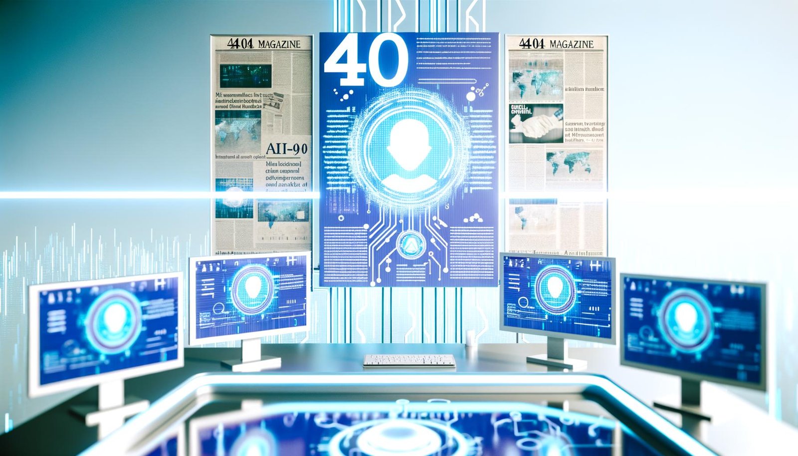 Futuristischer Schreibtisch mit Monitoren, KI-generiertem Content, Diagrammen und digitalem Vertrauenssiegel vor verschwimmenden Zeitungsausschnitten und KI-Symbolen, kühle Farbakzente.