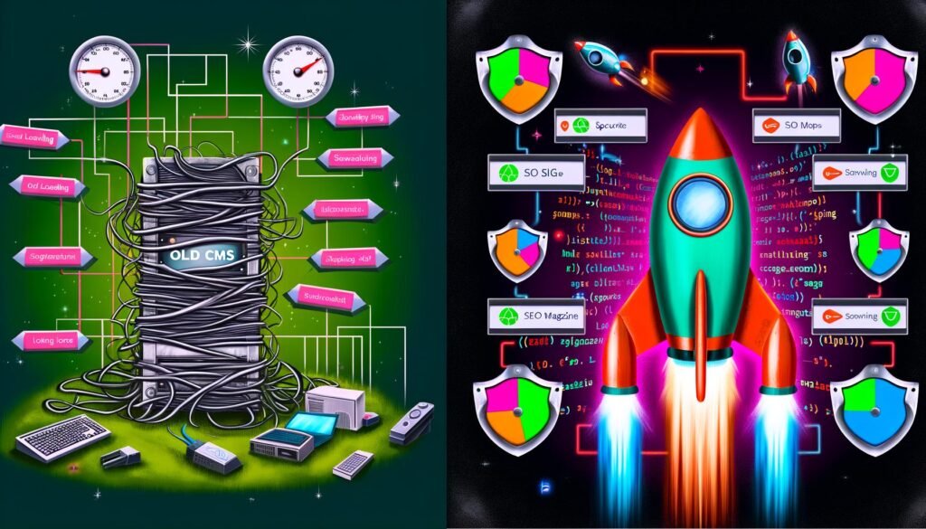 Futuristische Illustration: Vergleich zwischen einem langsamen, mit Kabeln verhedderten WordPress/Alten CMS Computer und einer raketenförmigen, schnellen Ghost SSG Website mit hohen Sicherheits- und SEO-Werten.