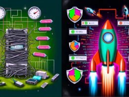 Futuristische Illustration: Vergleich zwischen einem langsamen, mit Kabeln verhedderten WordPress/Alten CMS Computer und einer raketenförmigen, schnellen Ghost SSG Website mit hohen Sicherheits- und SEO-Werten.