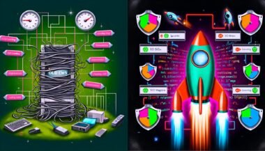Futuristische Illustration: Vergleich zwischen einem langsamen, mit Kabeln verhedderten WordPress/Alten CMS Computer und einer raketenförmigen, schnellen Ghost SSG Website mit hohen Sicherheits- und SEO-Werten.