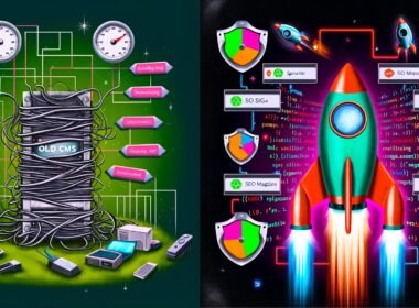 Futuristische Illustration: Vergleich zwischen einem langsamen, mit Kabeln verhedderten WordPress/Alten CMS Computer und einer raketenförmigen, schnellen Ghost SSG Website mit hohen Sicherheits- und SEO-Werten.