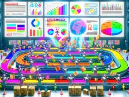 Illustration einer modernen digitalen Fabrik, in der Roboter Snackable-Content wie Social-Media-Posts und Grafiken automatisiert erstellen, umgeben von Datenströmen und Performance-Anzeigen.