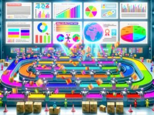 Illustration einer modernen digitalen Fabrik, in der Roboter Snackable-Content wie Social-Media-Posts und Grafiken automatisiert erstellen, umgeben von Datenströmen und Performance-Anzeigen.