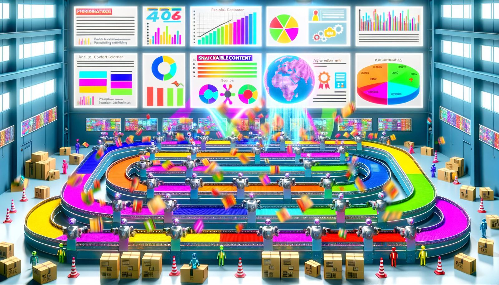 Illustration einer modernen digitalen Fabrik, in der Roboter Snackable-Content wie Social-Media-Posts und Grafiken automatisiert erstellen, umgeben von Datenströmen und Performance-Anzeigen.