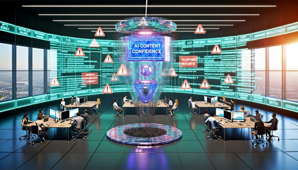 Futuristisches Marketing-Büro mit Team, das KI-Inhalte analysiert. Großes Hologramm 'AI Content Vertrauen', Datenströme, Warnhinweise und Diskussionen über E-E-A-T sowie Qualitätssicherung.