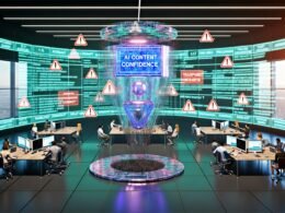 Futuristisches Marketing-Büro mit Team, das KI-Inhalte analysiert. Großes Hologramm 'AI Content Vertrauen', Datenströme, Warnhinweise und Diskussionen über E-E-A-T sowie Qualitätssicherung.