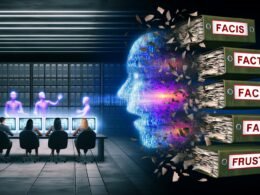 Halb-digitaler Newsroom mit menschlichen Redakteuren links, KI-Avataren rechts, Deepfake-Bildern auf einem zentralen Bildschirm und Aktenordnern zu Fakten und Mythen.