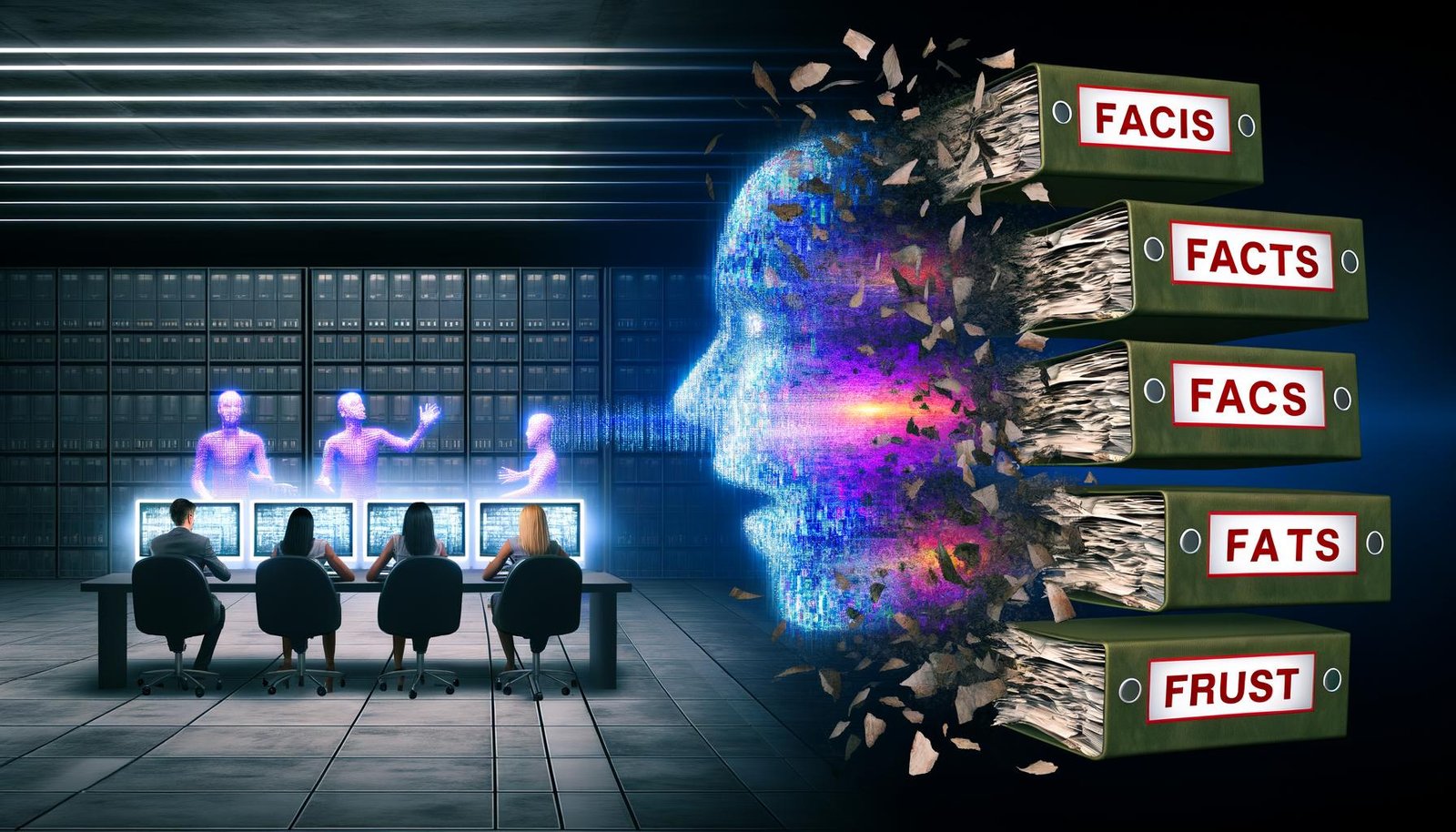Halb-digitaler Newsroom mit menschlichen Redakteuren links, KI-Avataren rechts, Deepfake-Bildern auf einem zentralen Bildschirm und Aktenordnern zu Fakten und Mythen.