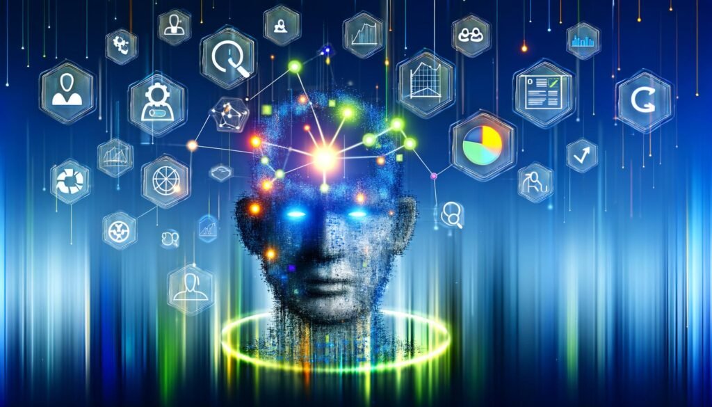 Modernes Titelbild mit digitalem Kopf aus leuchtenden Datenpunkten, umgeben von Marketing- und Analyse-Icons, abstrakten Diagrammen und farbiger Data-Visualisierung in Blau, Neon-Limette und Orange.